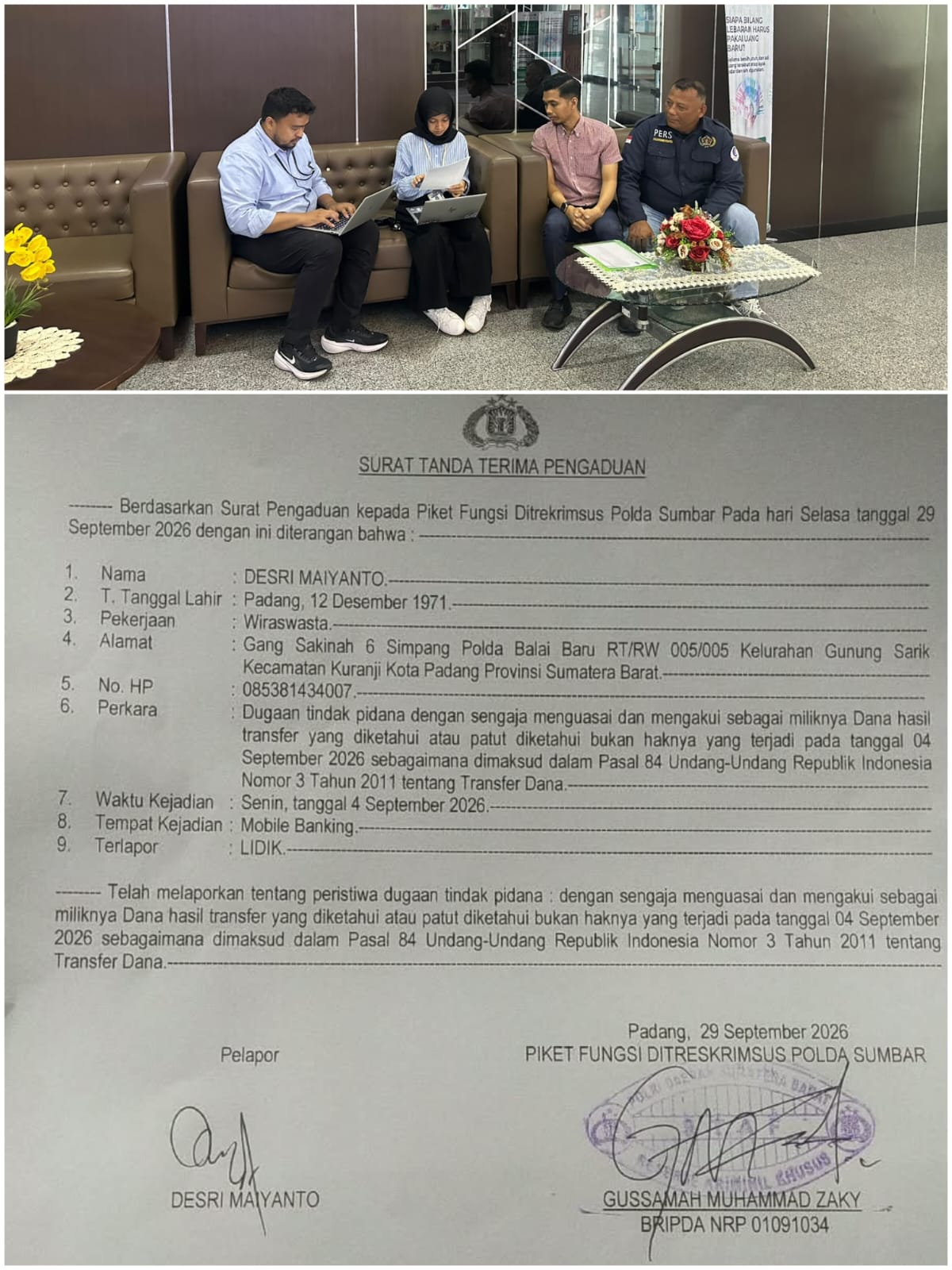 Dana Salah Transfer Belum Dikembalikan, Paman Korban Lapor ke Polda Sumbar
